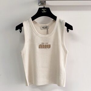 Miu Miu Cream Tank Top with Gold Logo